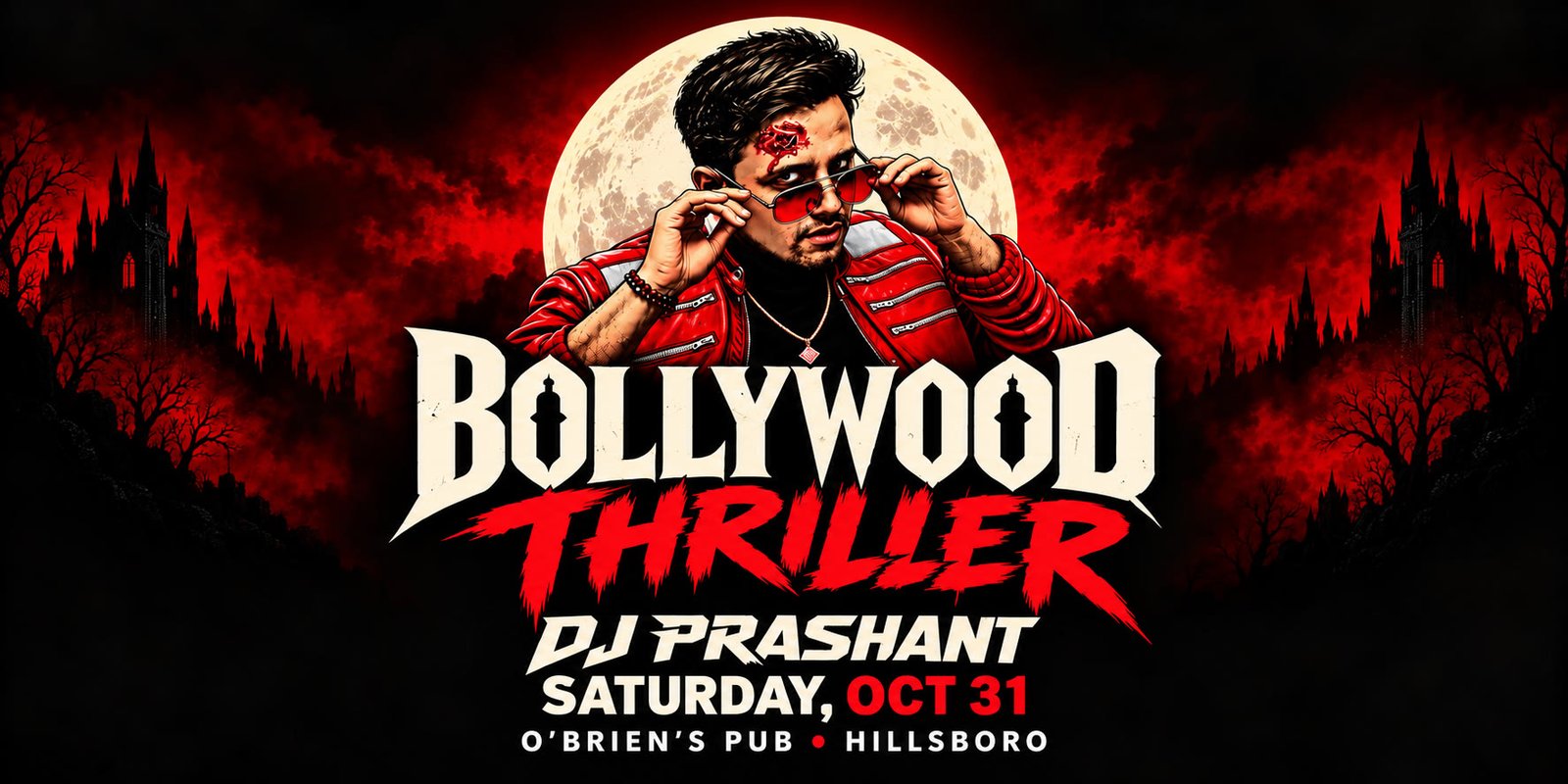 Bollywood Thriller flyer. Halloween costume party with DJ Prashant at O'Brien's Pub in Hillsboro. Saturday, October 31.