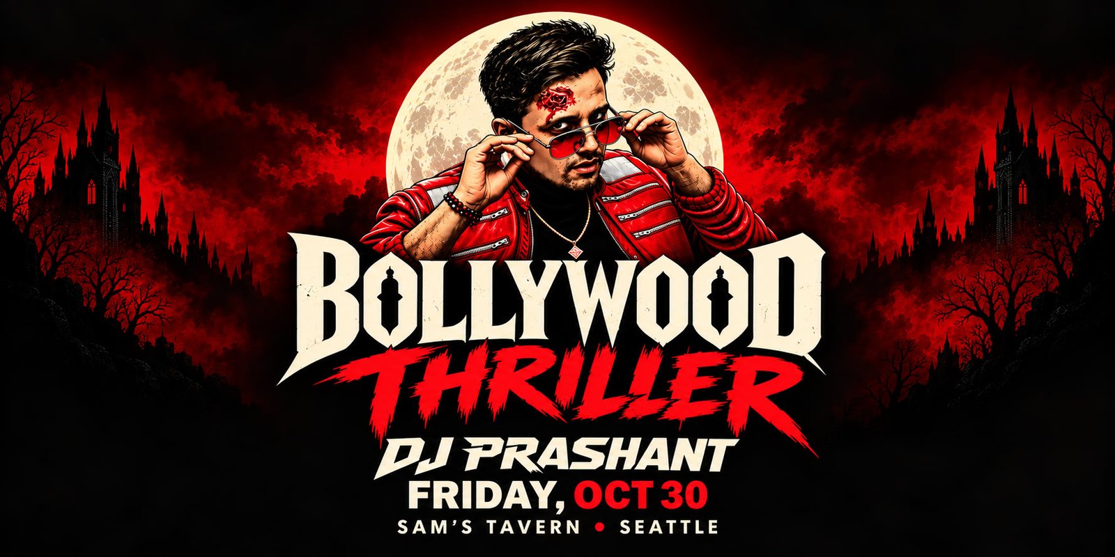 Bollywood Thriller flyer. Halloween costume party with DJ Prashant at Sam's Tavern in Seattle. Friday, October 30.